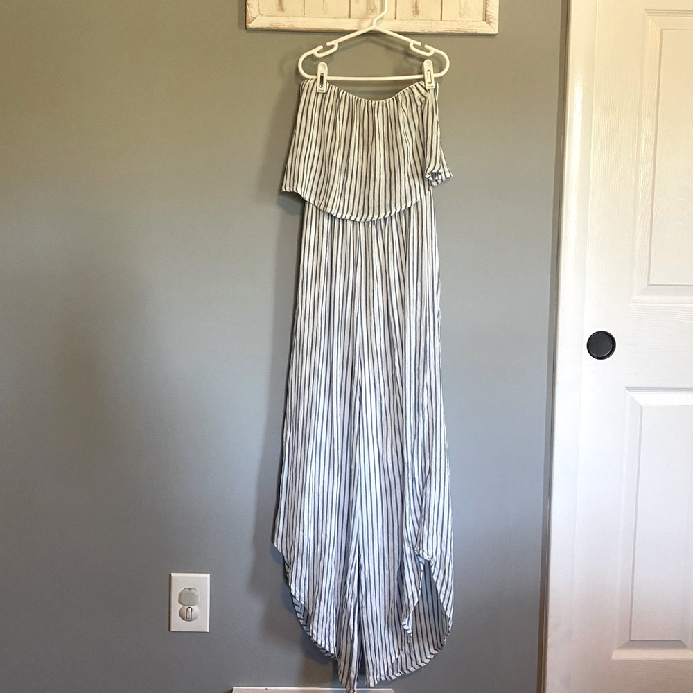 Light weight white and blue striped off shoulder romper